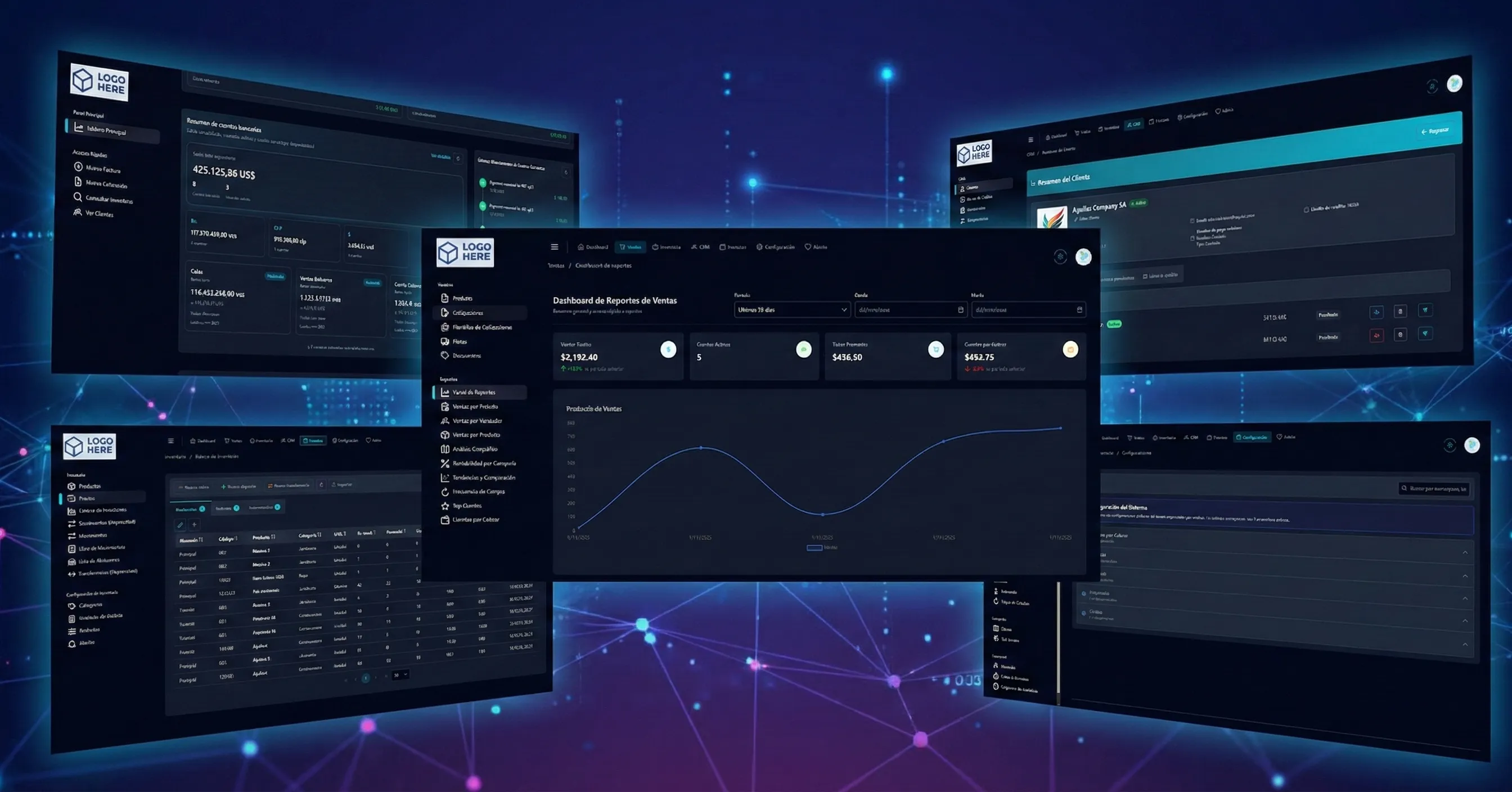 Plataforma ERP mostrando dashboards de análisis